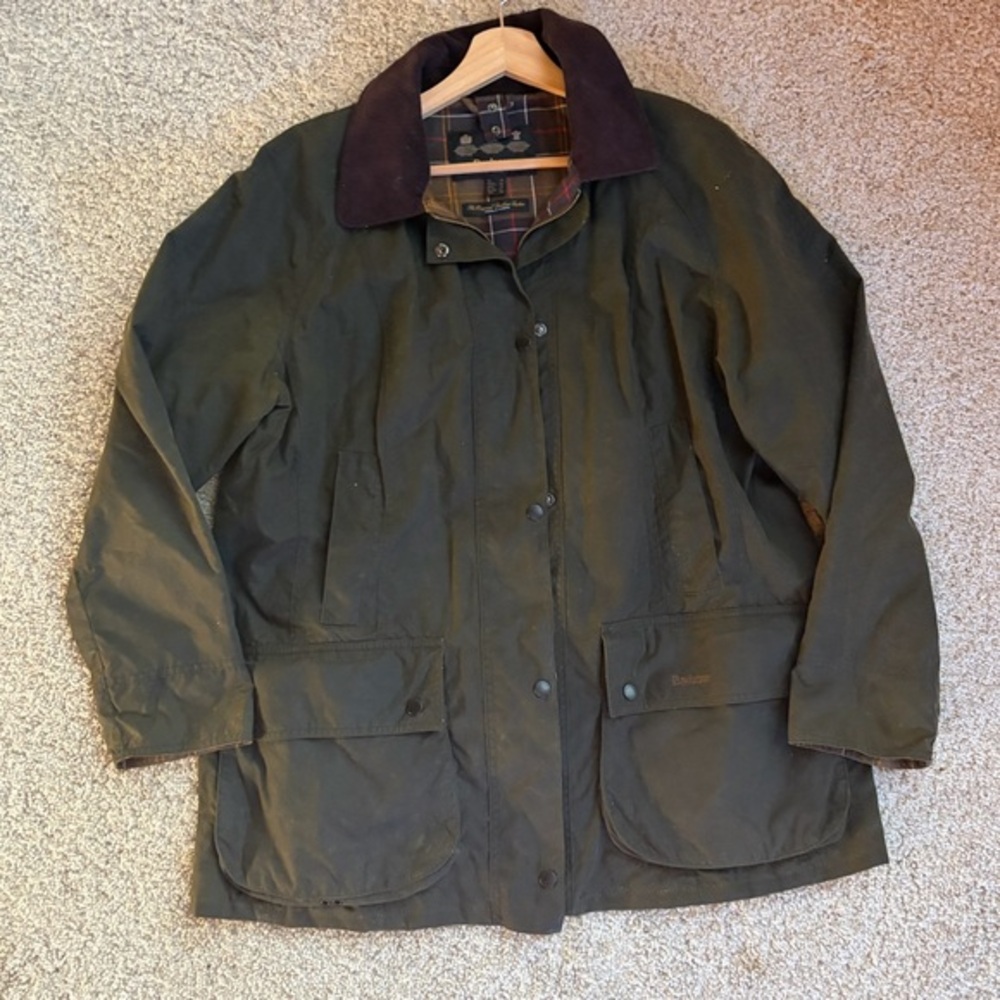Barbour Olive Green Waxed Cotton Jacket with Dark Brown Corduroy Collar